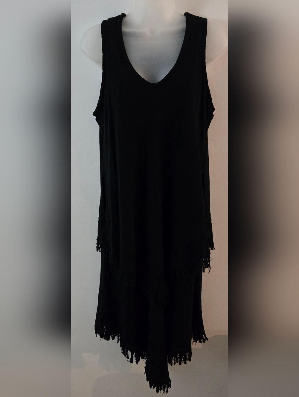 Cecilia Nathal Moda Natural Dress Black Sleeveless Midi Layered Fringe Hem Nwt